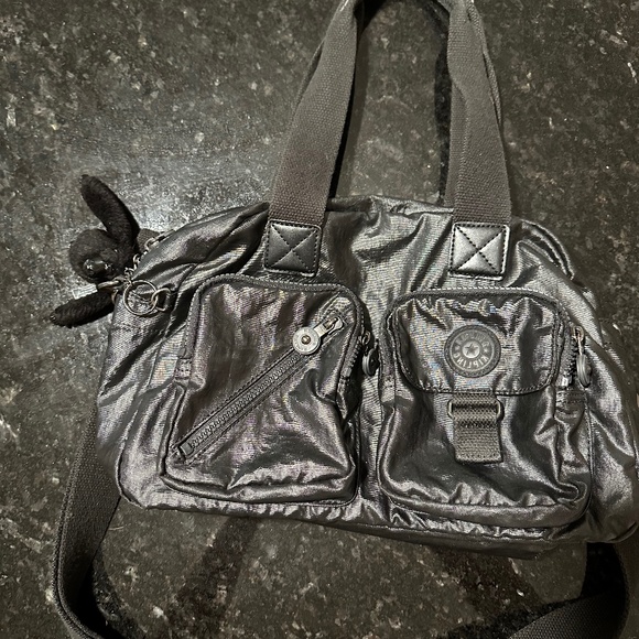 Kipling Defea, Black Metallic Satchel with Monkey and Shoulder Strap, VINTAGE! - Picture 6 of 10